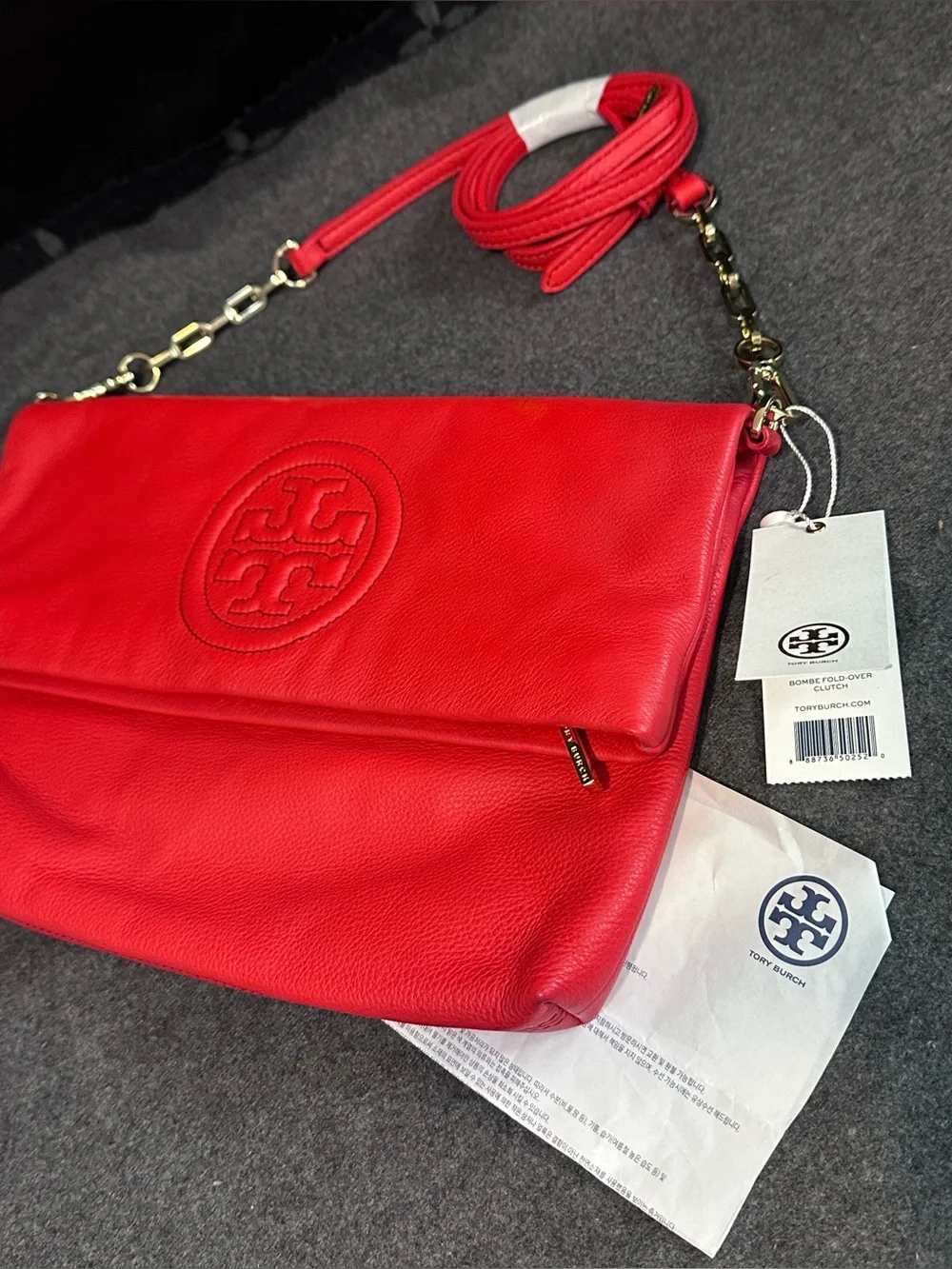 TORY BURCH Leather Embossing Logo Flap Chain Crossbody Bag Women Authentic NWT